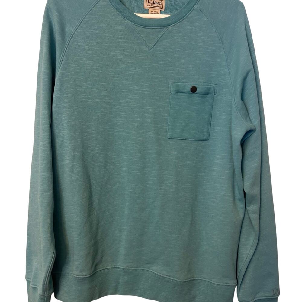 LL Bean Sweatshirt Sea Blue Knit Lakewashed Crewneck Chest Button Pocket Medium